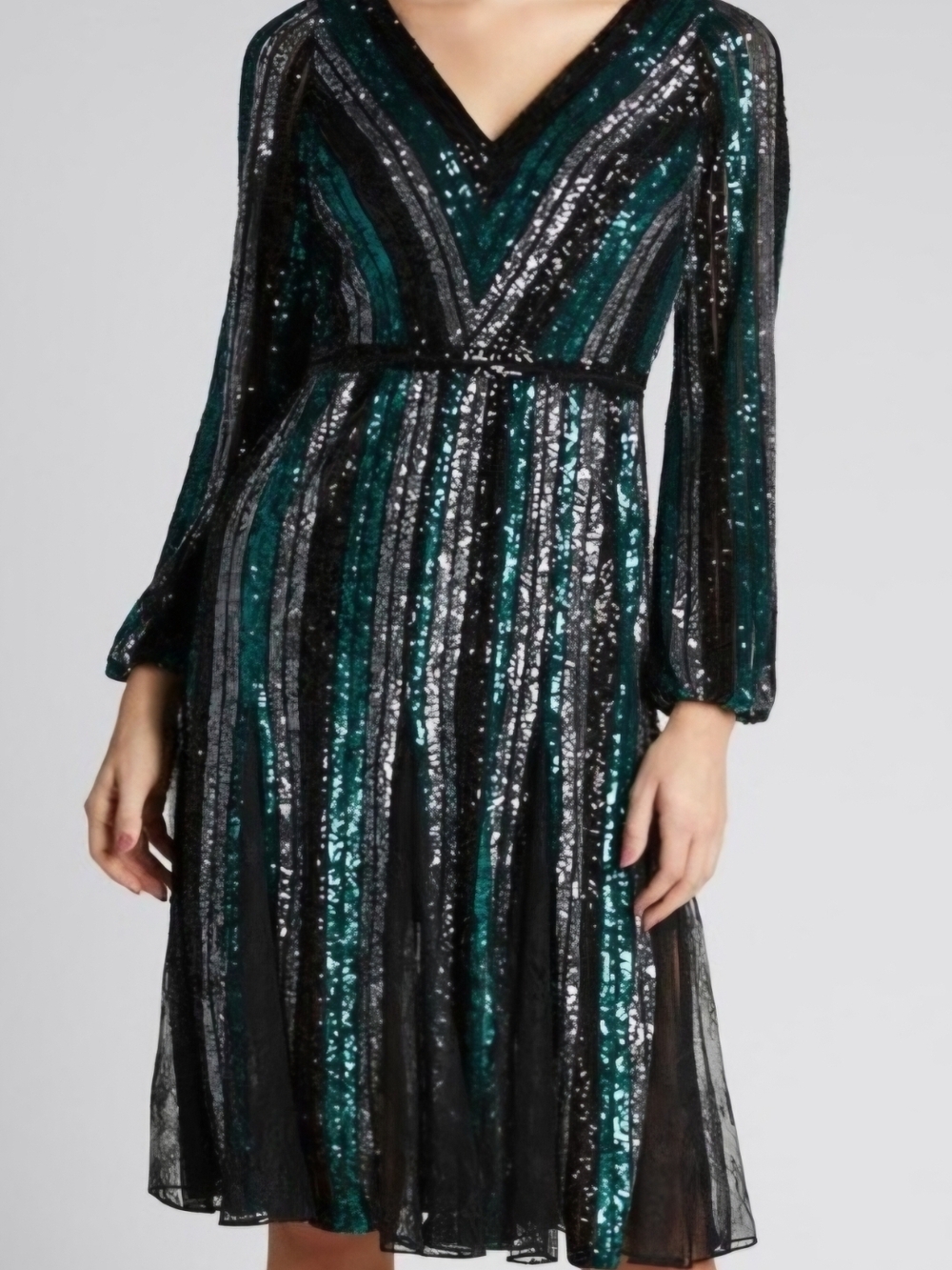 Marchesa Teal and Black Sequin V-Neck Midi Dress